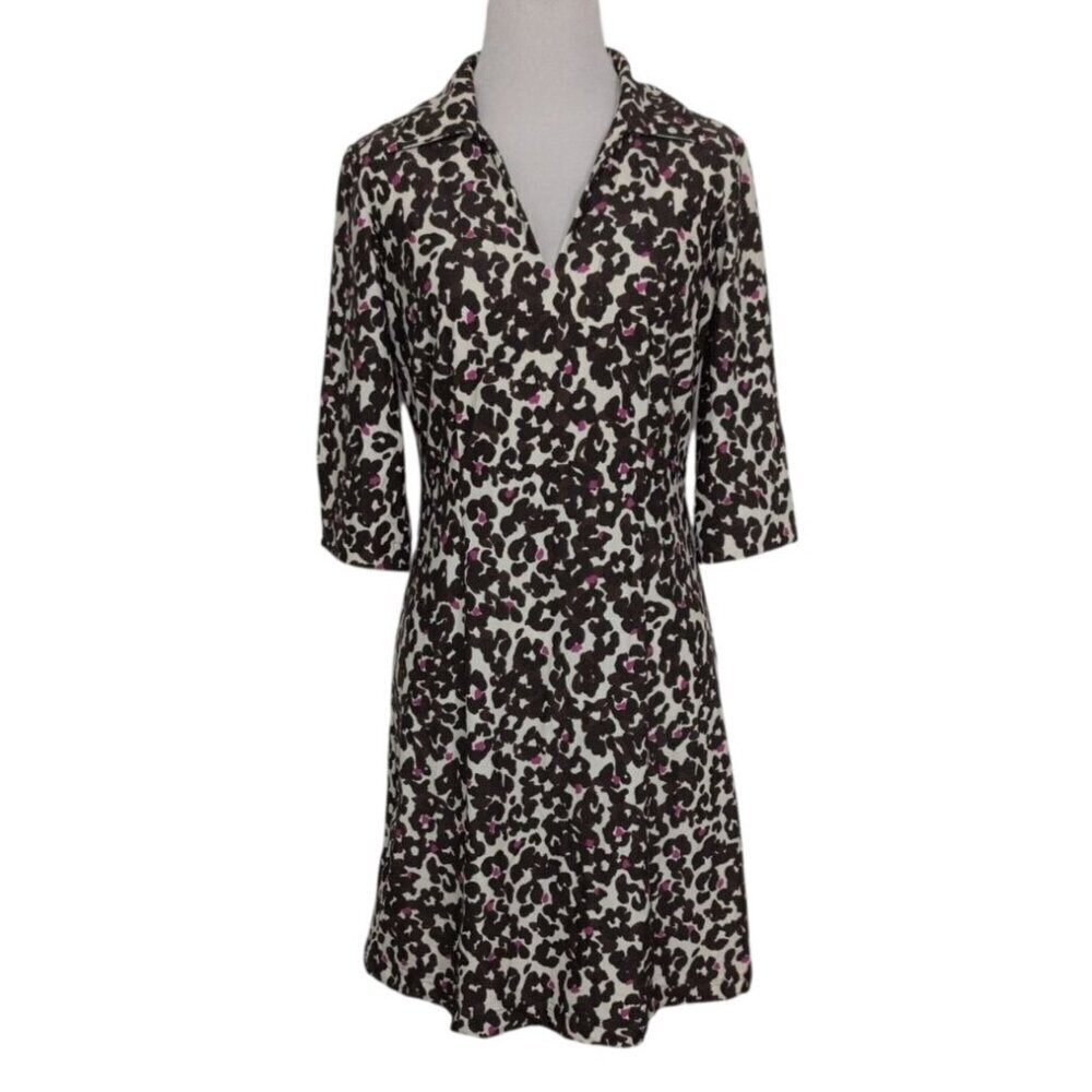 Jude Connally Leopard Dress Womens Size Small Cream Brown Pink V Neck Shift